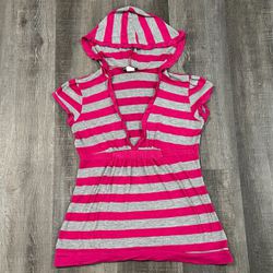 Juniors Large Wet Seal Pink & Grey Striped Hooded Tee Shirt