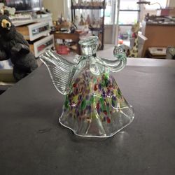 Kitras Hand Blown Art Glass Praying Angel Of Memories, Freestanding Or There Is A Loop In Back To Hang Up-Colorful Confetti Design 6" X 6"