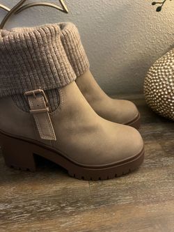 Taupe Knit Cuff Lug Sole Ankle Boots
