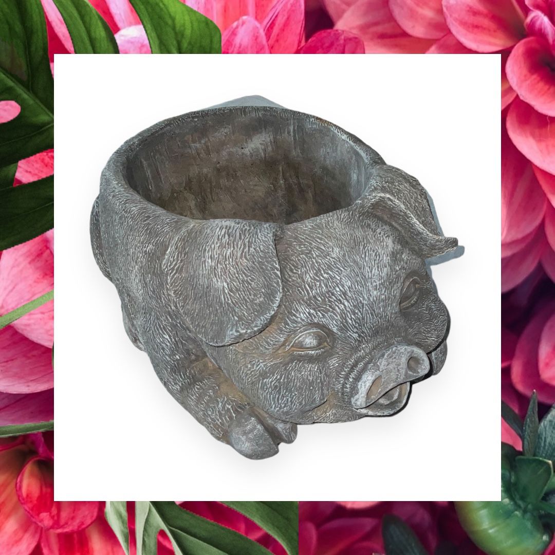 Vintage Gray Silver Pig Plater Flower Pot Container
