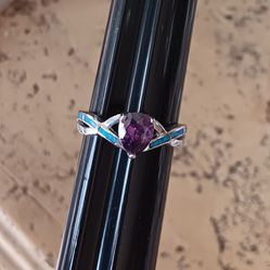 New - Amethyst and Blue Fire Opal 925 Silver Ring - Size 10 