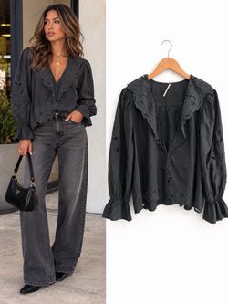 Free People Maisie Black Embroidered Boho Blouse