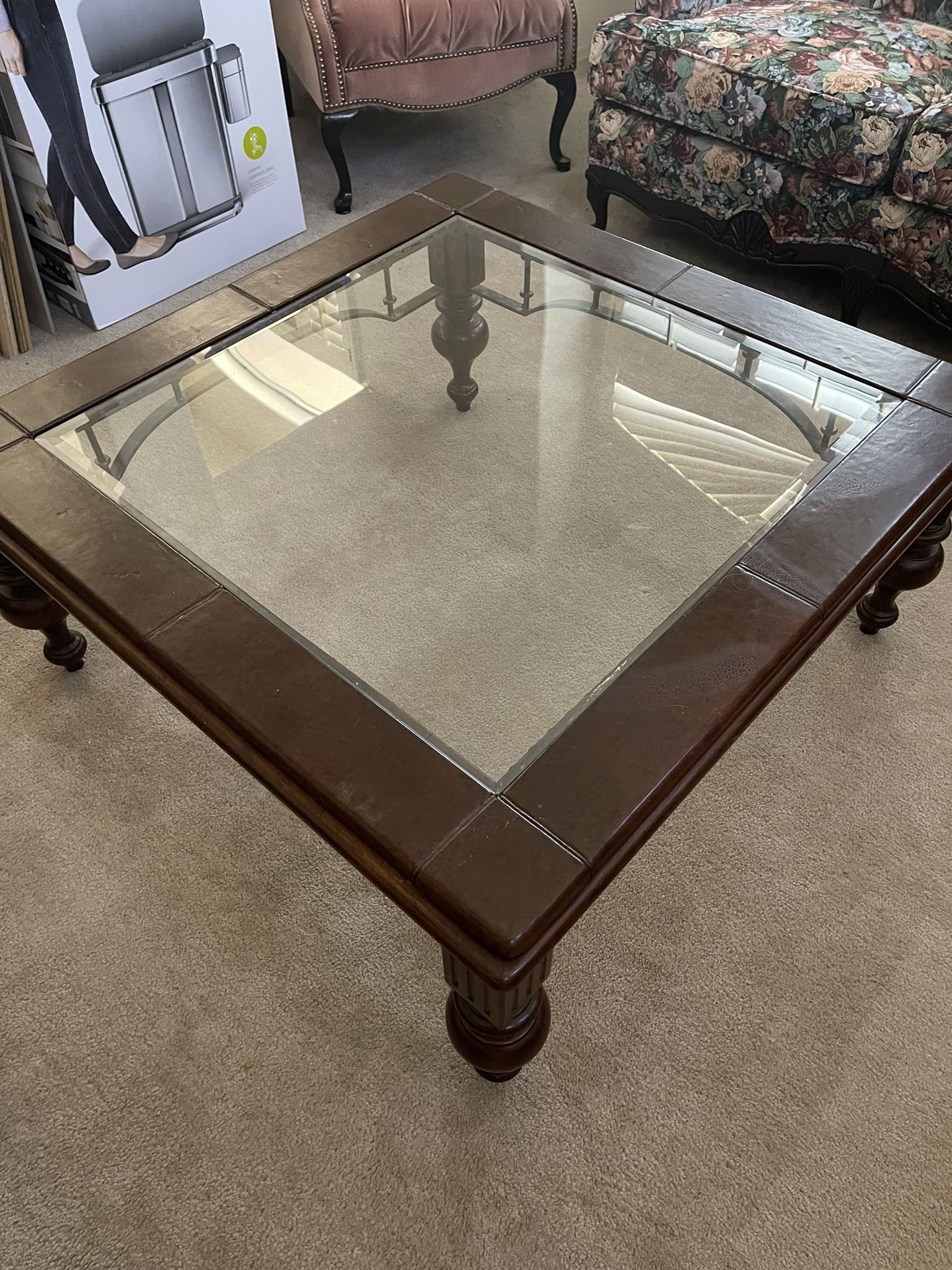 Glass Coffee Table And 2 Side Tables , Wood