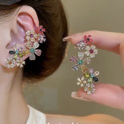 Brand New Bohemian Floral Clip-On Earrings with Rhinestone Accents