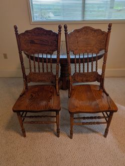 Vintage Oak Farmhouse Carved Pressback Chair set of two