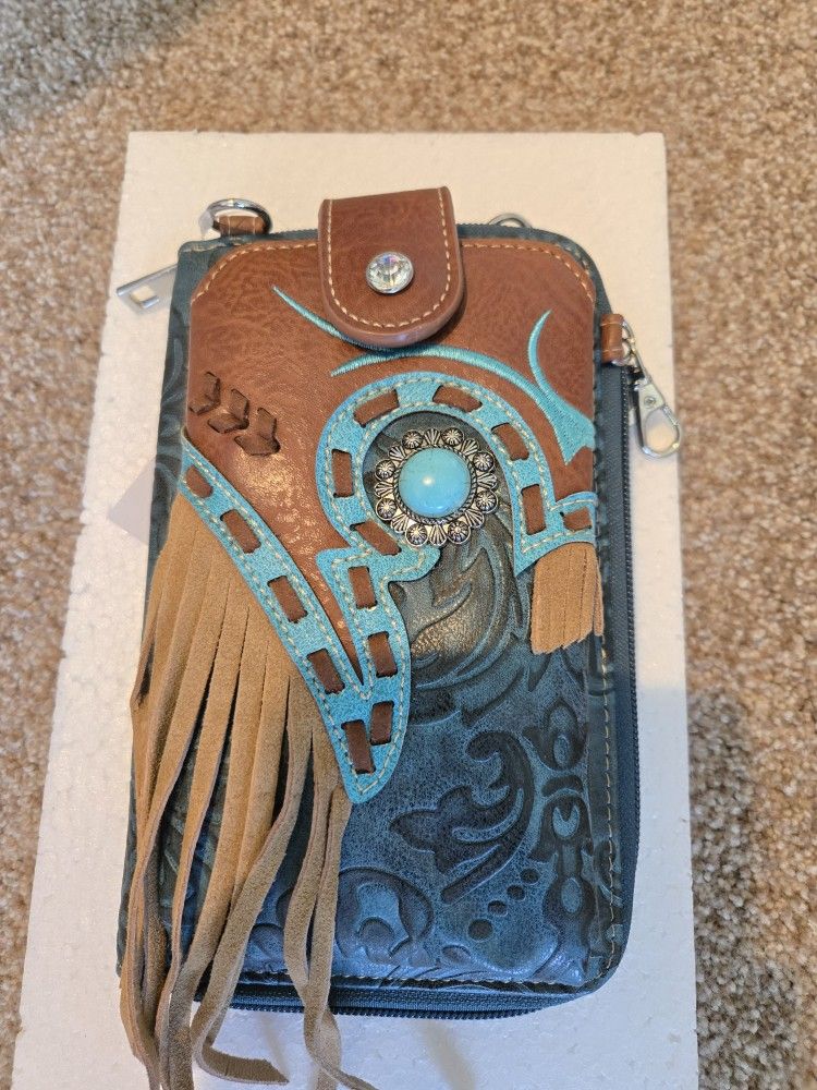 Turquise Concho Fring Crossbody Western Phone Wallet