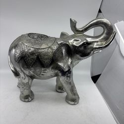 Elephant Standing Trunk Up Silver Tone w/ jewels Statue Figurine 16”