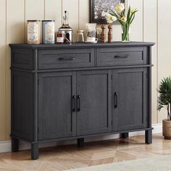 48 Inch Buffet Cabinet with Storage, Black Farmhouse Sideboard Buffet w/2 Drawers and 3 Doors, Wood Coffee Bar Cabinet with Adjustable Shelves for Kit