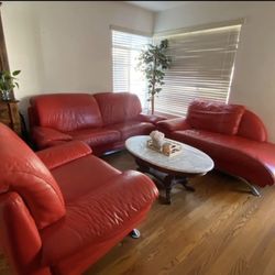 Must Go This Week !! Authentic Red Leather 3 Pieces Living Room Set 