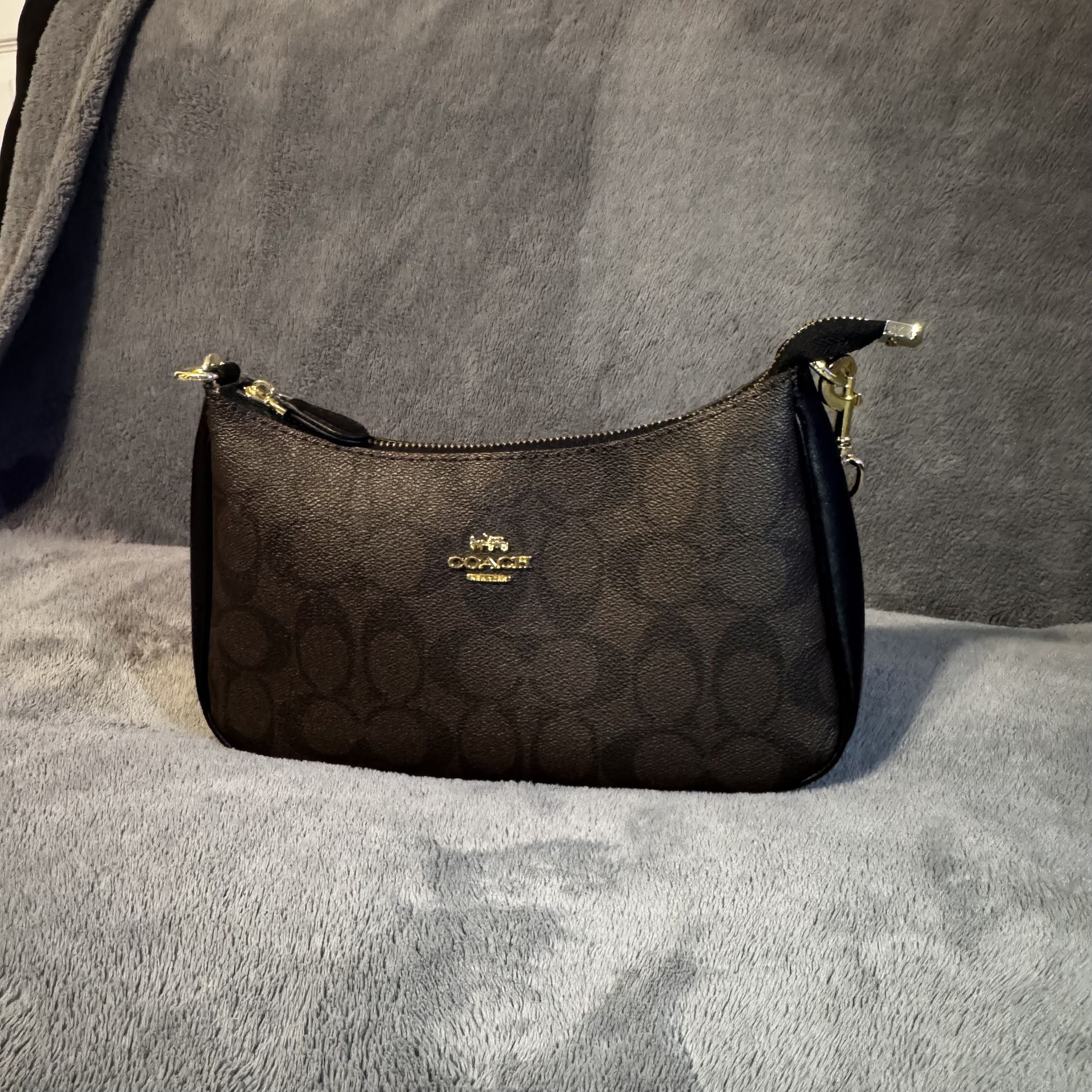 Coach Teri Shoulder Bag Signature Canvas Crossbody in Gold/Walnut/Black