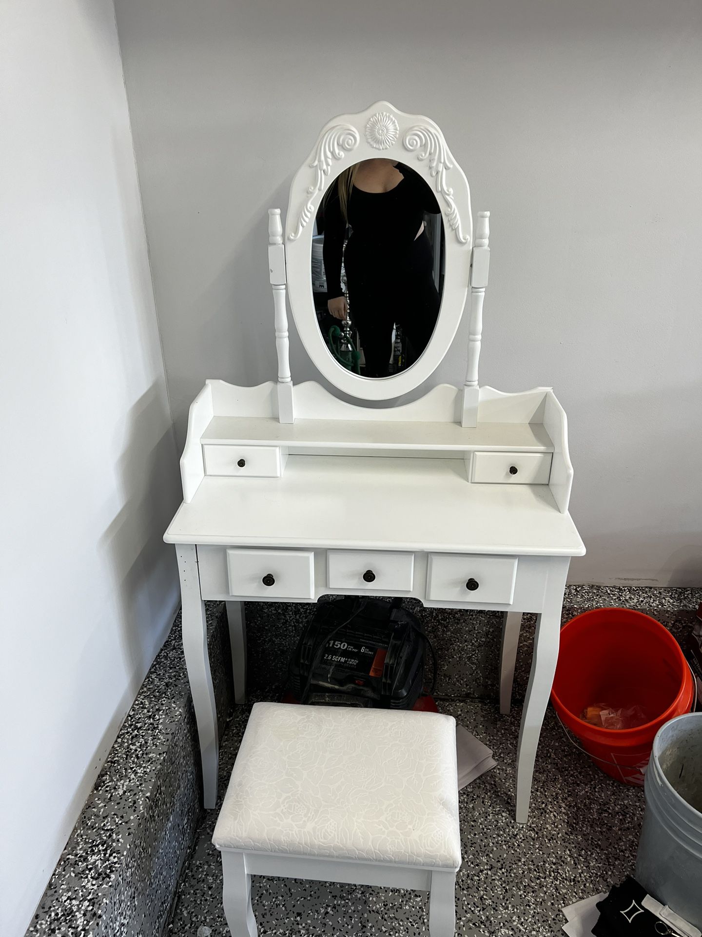 Glam Vanity Desk With Mirror And Bench Vintage