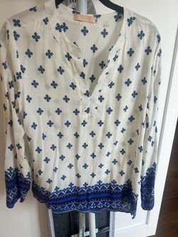White Blue Print Long Sleeve Blouse