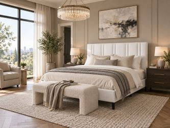 Queen bed Upholstered Bed Frame with Headboard, White
linen fabric headboard, wooden slat support, no box spring required, upholstered platform design