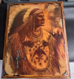 vintage "Indian Eyes of the Eagle" framed art print by Ruane Manning, featuring a dark wood grain frame with decorative corner accents