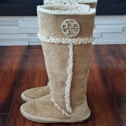 Tory Burch Camel Brown Suede Leather Shearling Lined Tall Boot 7M