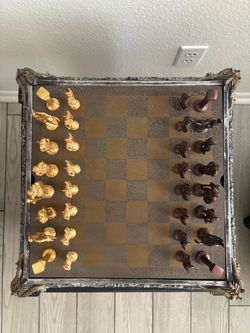 Chess & Chair Set - Metal Pieces, Board, Custom Table, Matching Black Velvet King Chairs oStorage Seats