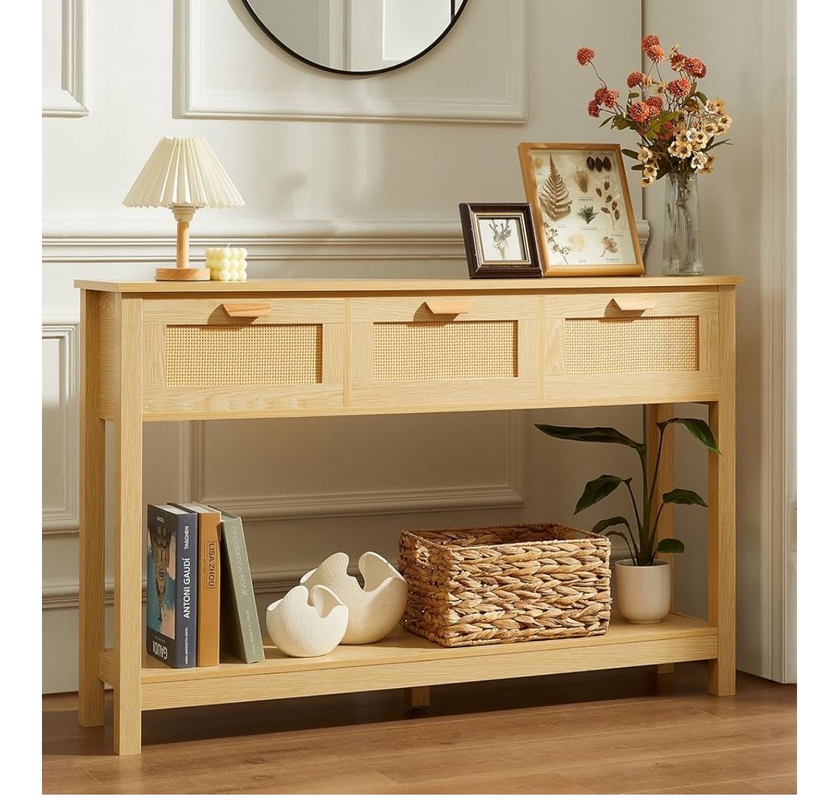 Rattan Entryway Console Table With 3 Drawers.