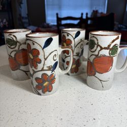 Set of 4  MCM Tall Stoneware Mugs  Otagiri Style– Hand-Painted Floral Design