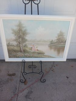 Vintage framed 2 Victorian ladies in flower field by stream oil on canvas painting signed by listed artist C. Manning