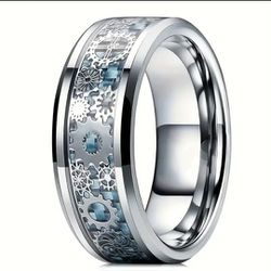 Men 8mm Blue Carbon Fiber Steampunk Gear Inlay Comfort-Fit Tungsten Wedding Ring