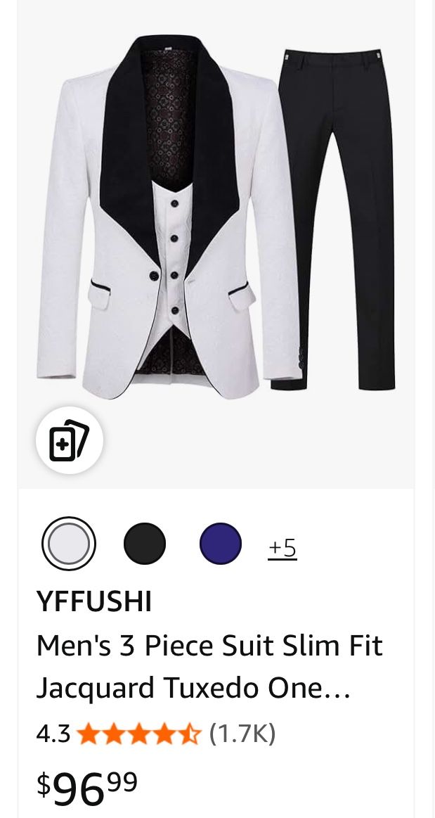 Men's 3 Piece Suit Slim Fit Jacquard Tuxedo One Button Shawl Collar Jacket Vest & Trousers