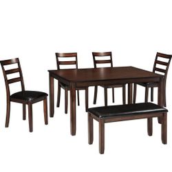 Coviar Brown Dining Table and Chairs with Bench (Set of 6)

