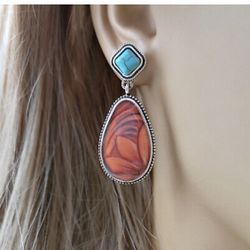 Silver Turquoise Tone Sunflower Post Drop Earrings 