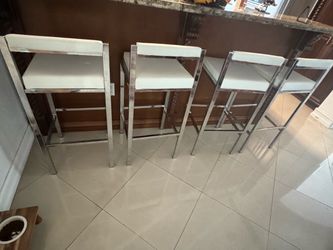 Set of 4 Chrome Bar Stools with White Cushions
