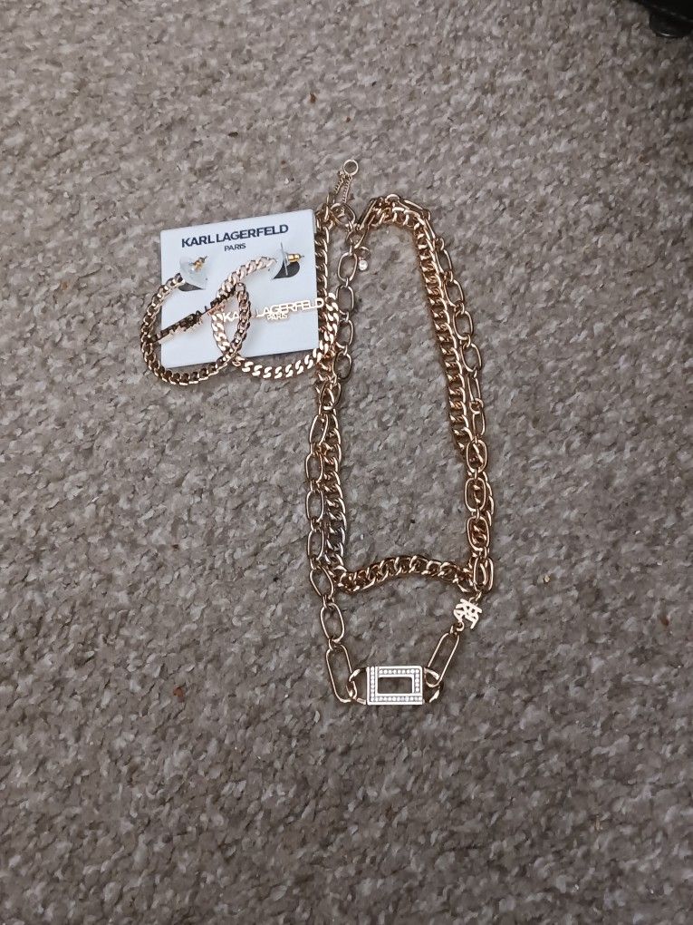 Brand New With Tag Karl Lagerfeld Gold Hoops And Karl largerfield Double Chain