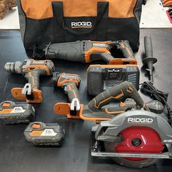 Ridgid 18v Brushless Combo Kit - Hammer Drill, Sawzall, Work Light, Circular Saw, (2) 4.0ah Batteries + Charging Dock