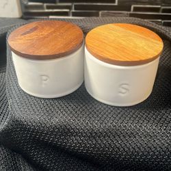 Figment Set Of 2 stoneware Salt And Pepper Cellar With Wood Lid