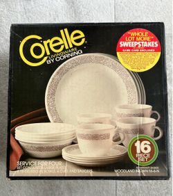 NIB 16 piece Woodland Brown Corelle Dining Set