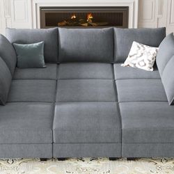 HONBAY Modular Sectional Sofa U Shaped Sectional Couch with Reversible Chaise Modular Couch with Storage, Bluish Grey 
