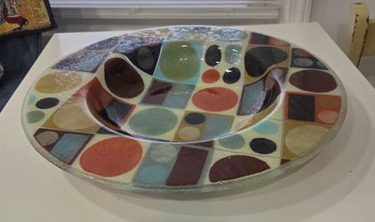 Large 17.75" Fused Art Glass Centerpiece Bowl - Retro Geometric Design