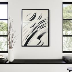 Large Modern Abstract Painting – 50”x40” – Black & White Minimalist Art