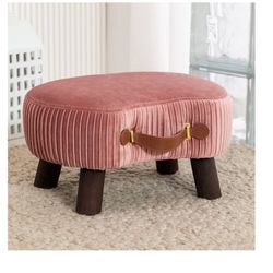 LUE BONA Small Curved Foot Stool with Handle, Pink Velvet Footstool and Ottomans, Modern Foot Rest with Wooden Legs, Step Stool with Padded Seat for C