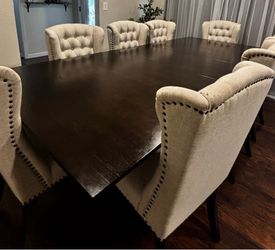 9 Piece Extendable Dining Set with 8 Beige Linen Chairs