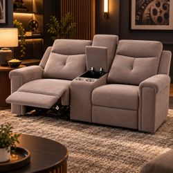 71" (W) Light Brown Dual Reclining (Manual) Loveseat Sofa / Chairs w/ Middle Storage & Cupholders (Home Theater  / Man Cave) [NEW] **No Assembly Req**