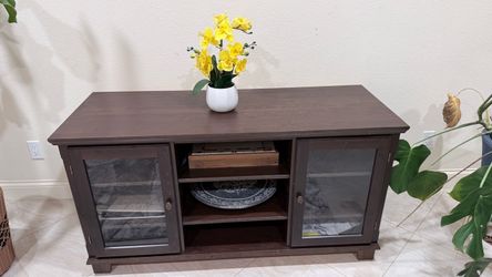 Dark Brown Wood TV Stand with Glass Doors