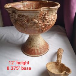 Stunning Ooak Vintage Signed Studio Ceramic Wheel Thrown Redware Punch Bowl  Ruffled Sea Shells Signed Gary Hart