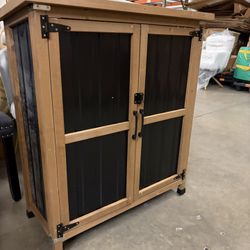 Wood & Metal Outdoor Storage Cabinet with Waterproof Roof, Garden Tool Shed with 4 T-Hinge, 4 Adjustable feet and Magnetic Door, 2 Removable Shelves, 