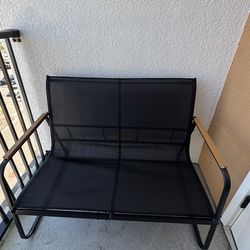 Ahomly Black Textilene Outdoor Loveseat Patio Bench w/ Wood Armrests