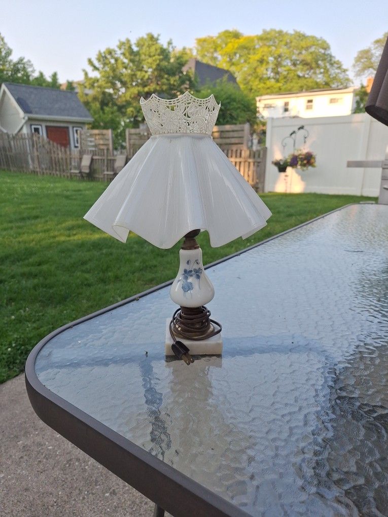 Old Time Marble Base Table Lamp With Milk Glass