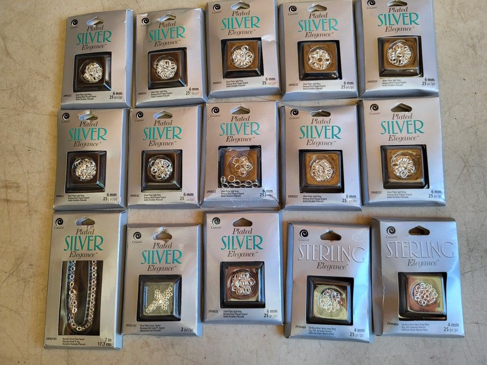 15 New Siver Elegance Jewelry Rings, 12 Silver Plated Split Rings, 2 Sterling Split Rings And 1 7 Inch Silver Plated Necklace