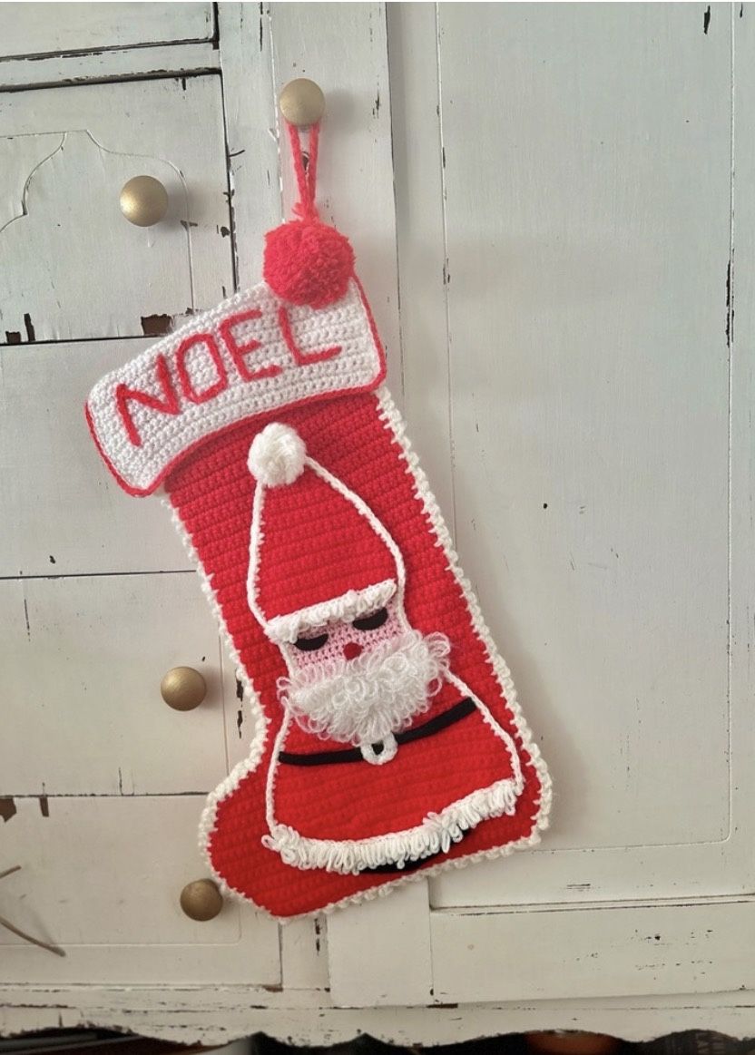 Vintage Christmas Handmade Crochet Large Stuffed Holiday Red Santa Noel Stocking