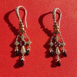 Designer Barbara Bixby Brazilian Garnet Onyx & White Topaz Cross Earrings - Sterling Silver 18K