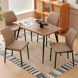 Dining Table Set for 4, Modern Wood Irregular Rectangle Dining Table,Leather Dining Chairs 4,Table and Chairs Set of 4 for Kitchen Dining Room, Beige