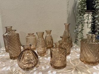 10 Assorted Amber Glass Small Vases