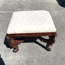 Vintage Great Condition Carved Wood & Upholstered, Cushion, Accent Vanity Stool. 28” x 21” x 24 