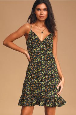 Lulus Here to Dance Black Floral Print Lace-Up Mini Dress Lined V-neck Babydoll L